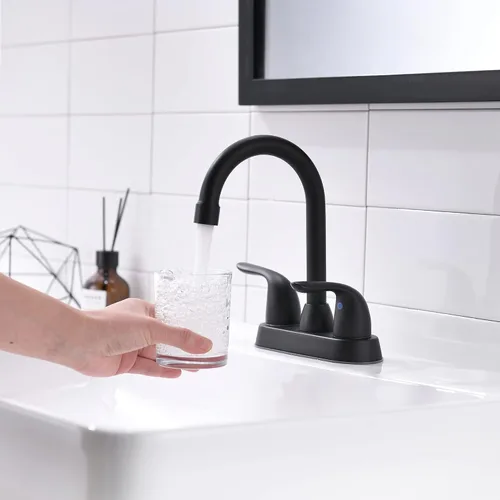 Miniatura 2 de Grifo de baño negro mate de dos asas, boquilla giratoria con montaje de drenaje emergente, arco alto, con mangueras de suministro de agua, fácil