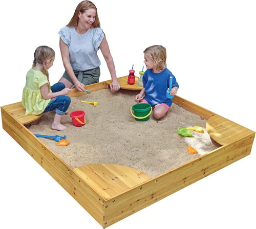 KidKraft Caja de arena de madera para patio trasero con asiento de esquina integrado y cubierta de malla, muebles de exterior para niños, miel,