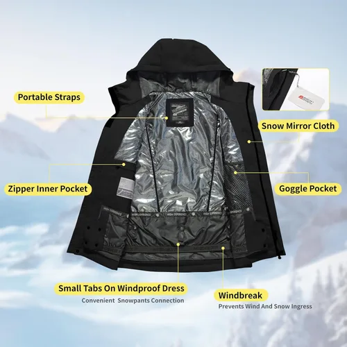 Miniatura 5 de Chaqueta de esquí para snowboard, nieve, invierno, impermeable, aislada, resistente al viento, holgada, cálida con capucha para hombres y mujeres