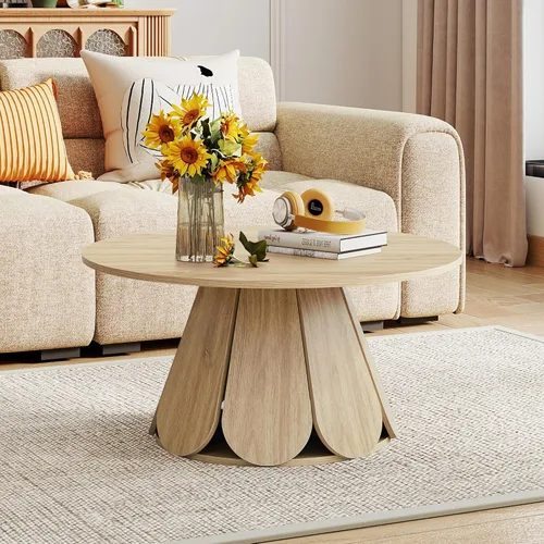 Miniatura 9 de Mesa de centro redonda, moderna mesa central circular de madera con base de pedestal para espacios pequeños, sala de estar, apartamento, nogal