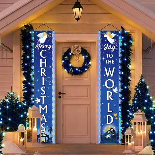 Cartel de Navidad para puerta de Natividad con luces de alegría al mundo, pancarta azul religiosa para colgar en la puerta de la noche de Navidad,