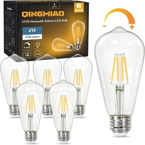 Qingmiao – Bombillas LED vintage con diseño Edison, ST58 regulables de 4W, base E26, equivalente a 40W, luz LED blanca suave de 3000K, bombillas de