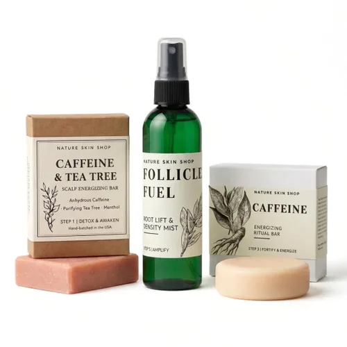 Nature Skin Shop The Caffeine Density Protocol 3 Piece Amplifying Hair Care Set Root Lift Mist and Solid Shampoo Conditioner Bars Volumizing Vegan