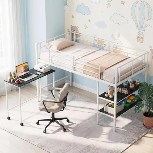 Miniatura 10 de Giantex Cama baja tipo loft tamaño individual, marco de metal resistente con estantes de almacenamiento, escalera y barandillas de longitud