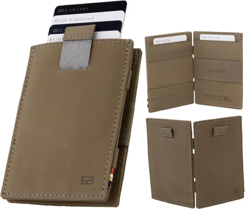 Miniatura 7 de GARZINI Cartera mágica con tirador, cartera minimalista con tarjetero RFID, cartera de cuero para 12 tarjetas, 07 Negro cepillado, Minimalista