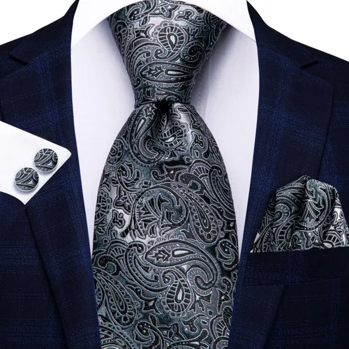 Miniatura 3 de Hi-Tie Corbatas de seda para hombre, diseño de cachemira a rayas, con bolsillo, gemelos cuadrados, conjunto formal de negocios