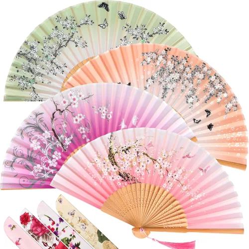 Miniatura 9 de Zonon Paquete de 4 abanicos plegables florales de mano, abanicos de bambú de seda con borla para mujer, ventilador plegable de mano ahuecado