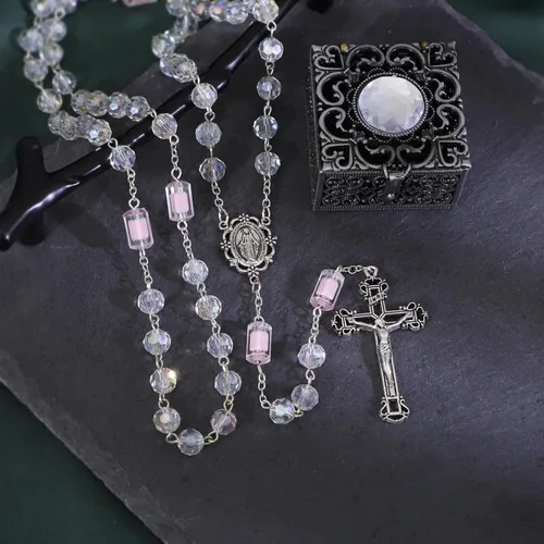 Miniatura 65 de KOMI Rosario de cuentas católicas para mujer, collar de cuentas de rosario con cruz de crucifijo, perlas de cristal, rosario, rosarios, católicos