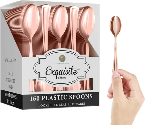 Miniatura 2 de Exquisite Cucharas de té de plástico doradas de alta resistencia, 160 piezas de cubiertos de plástico dorado, juego de cubiertos desechables de alta