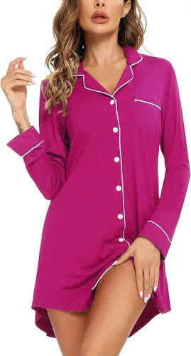 Miniatura 51 de Samring Camisón de pijama para mujer, manga corta/larga, con botones, camisón para dormir, camisón para novio, talla XXL
