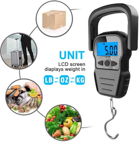 Miniatura 4 de Báscula digital de pescado báscula de equipaje báscula de gancho para colgar peso pantalla LCD retroiluminada de 1102lbs bolsa impermeable