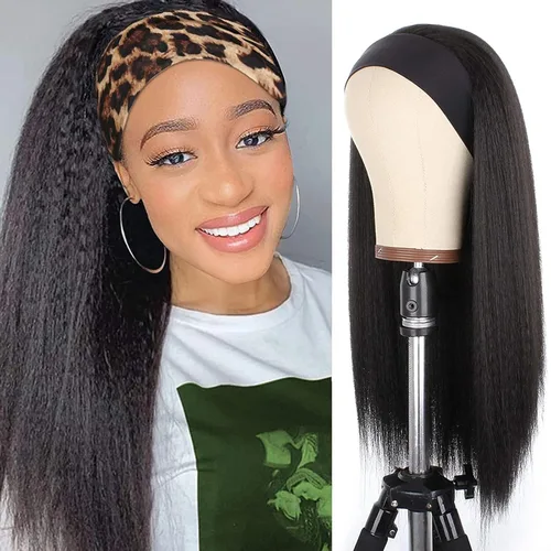 Yaki - Peluca sintética con diadema lacia sin pegamento, pelucas con diadema tipo afro, color negro natural, 22 pulgadas, sin encaje frontal,