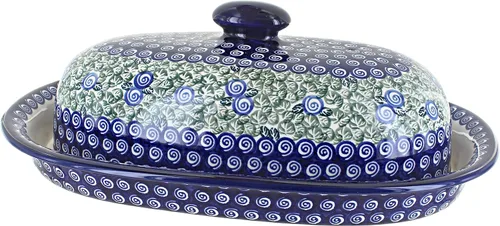 Miniatura 5 de Blue Rose Polish Pottery - Recipiente de pan de pavo real con flores azules, 15 x 10 x 5 pulgadas, caja de pan de cerámica polaca con tapa