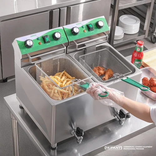 Miniatura 7 de NUPANT Freidora comercial de 25.3 cuartos de galón / 24 litros con filtración de aceite y temporizador, freidora eléctrica con 2 cestas y tapas