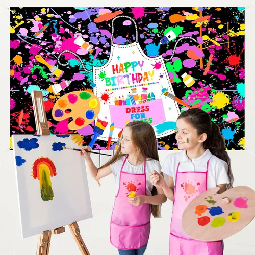 Miniatura 4 de Mocsicka Cartel de cumpleaños de pintura artística para niños, pintemos vestido para un lío, decoración de fiesta, telón de fondo colorido