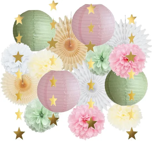 Decoraciones de fiesta de color verde salvia y rosa, faroles de papel de seda decorativos de color rosa dorado, pompones de papel de seda verde