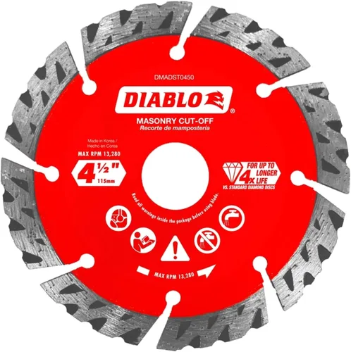 Disco de corte turbo segmentado de diamante Diablo para mampostería de concreto, ladrillo y bloque - 4-1/2" de diámetro, kerf de 2.4mm, 13280 RPM