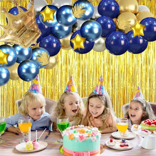 Miniatura 3 de Juego de decoración de fiesta de cumpleaños azul dorado y plateado, pancarta de feliz cumpleaños, globos, cortina de flecos metálicos, corona