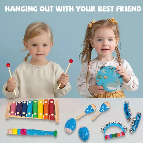 Miniatura 6 de Juego de instrumentos musicales de madera para niños pequeños de 1 a 3 años, instrumentos de percusión de madera natural, juego de regalo