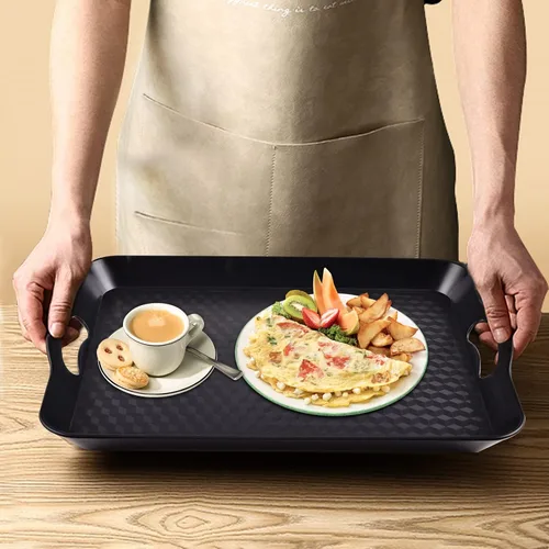 Miniatura 7 de Bandeja de plástico con asas, paquete de 2 bandejas rectangulares multiusos antideslizantes para servir restaurante para fiestas, mesa de café