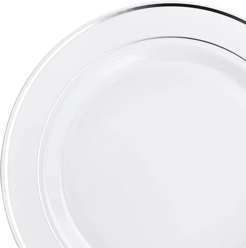 Miniatura 2 de Platos de plástico desechables Occasions para fiestas de boda (120 unidades), plateado, blanco (White / Silver Rim)