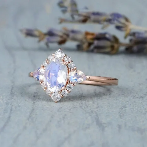 Miniatura 4 de Anillo de compromiso chapado en oro rosa de 18 quilates con piedra lunar y arcoíris, para mujer, anillo de compromiso con diamantes de imitación