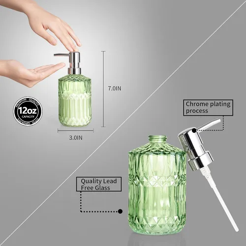 Miniatura 6 de Diamond Design - Dispensador de jabón de vidrio verde de 12 onzas, dispensador de jabón de loción recargable para baño, cocina, jabón de manos