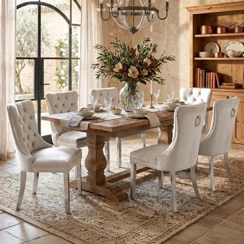 Miniatura 19 de SoarFlash Juego de 2 sillas de comedor de tela de lino, sillas de comedor tapizadas con ribete de cabeza de clavo y patas de madera de color claro