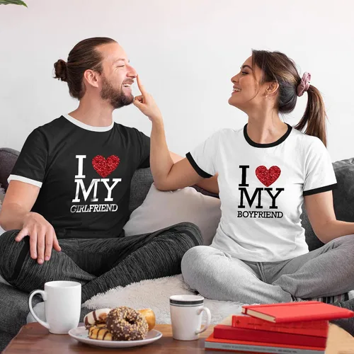 Miniatura 6 de TSIPR Camiseta I Love My Girlfriend GF con texto en inglés "I Love My Boyfriend BF con purpurina y corazón a juego para parejas, regalos del día