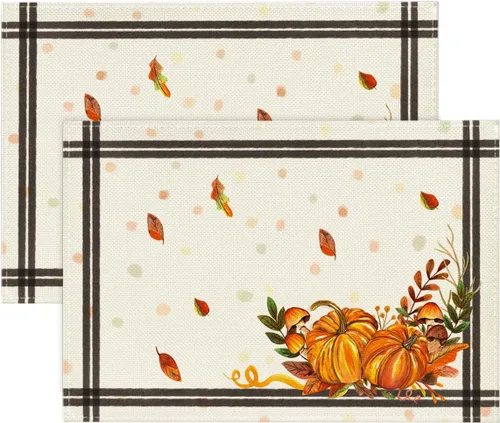 Artoid Mode Juego de 2 manteles individuales de otoño y hojas de calabaza, 12 x 18 pulgadas, para decoración de fiestas, cocina, comedor