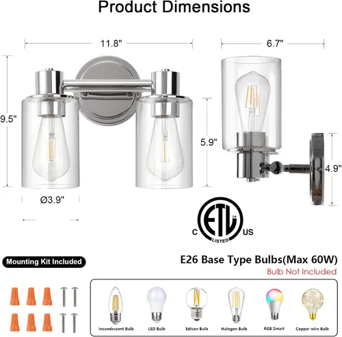 Miniatura 2 de Apliques de Pared de Baño de 2 Luces con Cristal Transparente, Luces de Pared de Baño Sobre Espejo, Luces de Tocador Cromadas con Base E26 Cromo