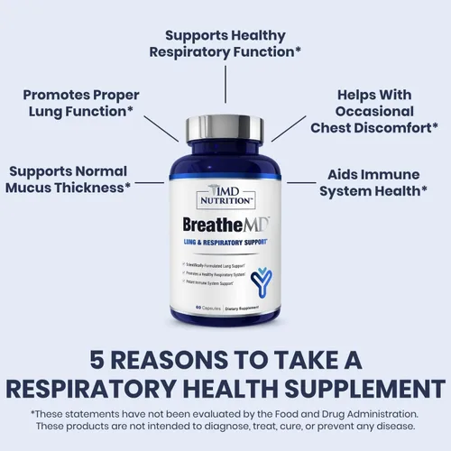 Miniatura 3 de 1MD Nutrition BreatheMD Suplemento de apoyo pulmonar y respiratorio Promueve un sistema inmunológico saludable con saúco, cromo y NAC 60