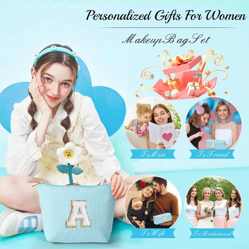 Miniatura 5 de YOOLIFE Regalos del Día de la Madre para mujeres, bolsa de maquillaje con inicial, bolsa de maquillaje para viajes, bolsa de maquillaje Azul/claro