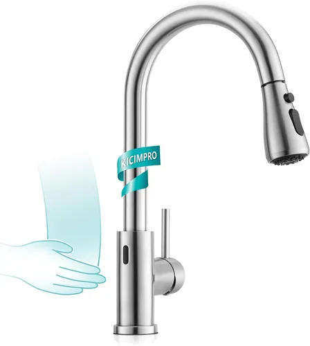 Kicimpro Grifo de cocina sin contacto con pulverizador desplegable de níquel cepillado, grifo de cocina sin contacto con sensor de movimiento