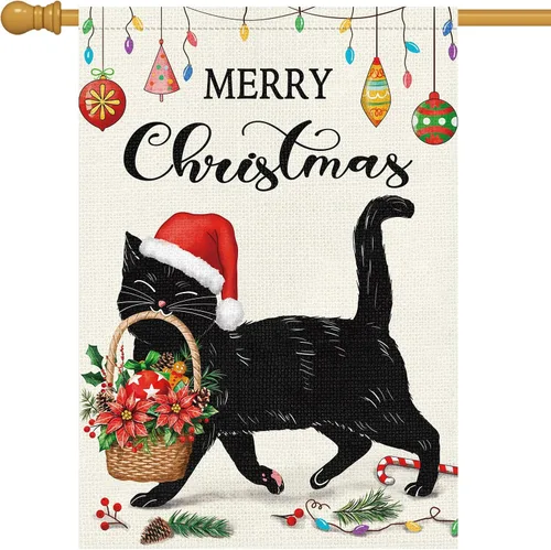 Louise Maelys Bandera de jardín de gato negro de 28 x 40 pulgadas, doble cara, arpillera de bienvenida de invierno, Navidad, flores, grandes