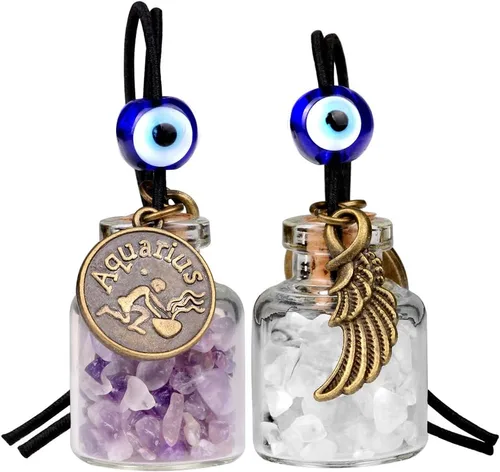 Zodiac Birthstone Car Charms for Rearview Mirror Hanging - Two Gemstone Good Luck Bottles with Evil Eye Protection Bead and Guardian Angel Wing
