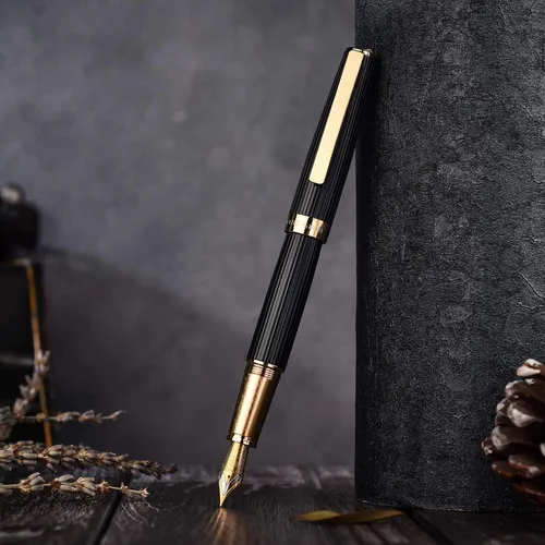Miniatura 2 de Hongdian 1845 - Pluma estilográfica de punta extrafina, color negro a rayas doradas, instrumento de escritura sólido con estuche para bolígrafo