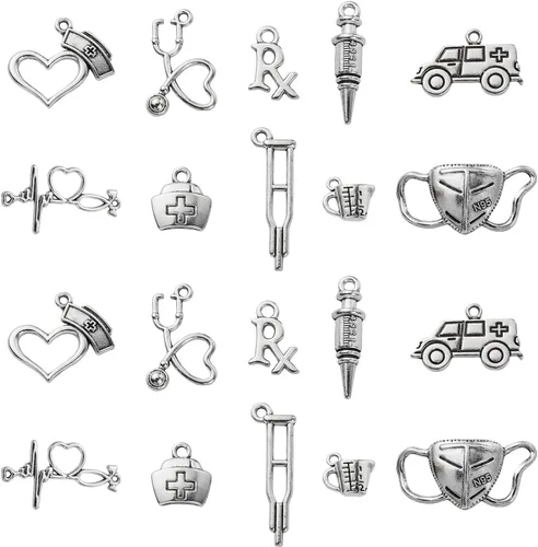 Ipotkitt 100 dijes médicos para enfermera, estetoscopio, gorro, ambulancia, médico, para hacer joyas 100pcs - Médico - 10 Estilos