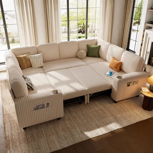 Miniatura 53 de LINSY HOME Sofá cama modular extraíble para sala de estar (beige, sofá cama 1) Sofá cama extraíble, almacenamiento, carga USB, portavasos, pana