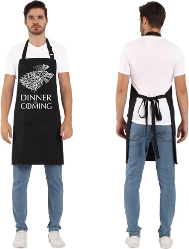 Miniatura 5 de Delantales de parrilla para hombres y mujeres, La cena se acerca Delantal de chef de cocina con 2 bolsillos y lazos de 40 pulgadas de largo, Black14