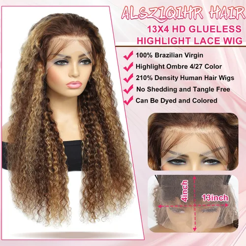 Miniatura 4 de ALSZIQIHR Peluca de Cabello Humano con Encaje Frontal Highlight Ombre de 13 x 4, Pre Plucked HD Transparente 4/27, Rubio Miel, Pelucas Frontales
