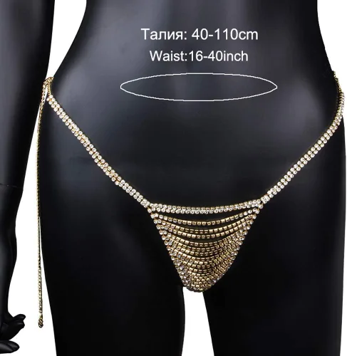 Miniatura 4 de Tanga sexy de Rhinstone para mujer cadena de cristal para el cuerpo joyería de bikini de cristal para el vientre y la cintura dorado