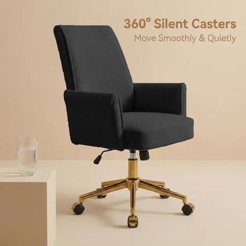 Miniatura 4 de Silla de escritorio de terciopelo con rayas para oficina en casa, silla tapizada moderna con altura ajustable y giro de 360°, con ruedas, silla