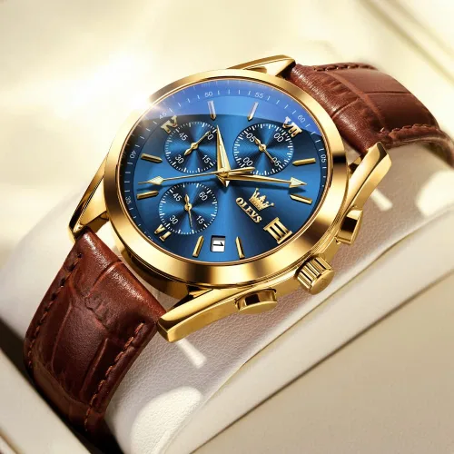 Miniatura 4 de OLEVS Reloj cronógrafo de cuarzo para hombre correa de cuero dorada con fecha de día reloj de pulsera de acero inoxidable impermeable relojes