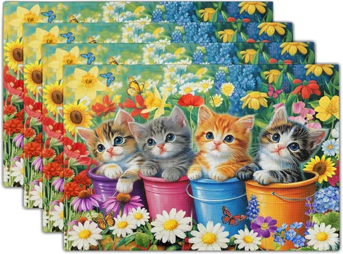 Miniatura 17 de Juego de 4 manteles individuales con estampado de flores de acuarela para decoración de mesa de comedor en el hogar, interior y exterior