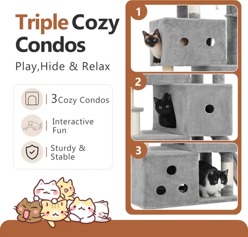Miniatura 2 de Heybly Árbol para gatos, torre aerodinámica de 74 pulgadas para gatos grandes con condominios apilados de 3 niveles, muebles para gatos con percha