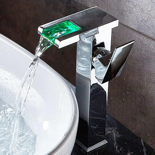 Miniatura 4 de Grifo de baño cromado con luz LED, 3 cambiantes de color, cascada de una sola manija, un agujero, grifo de fregadero a juego, desagüe desplegable