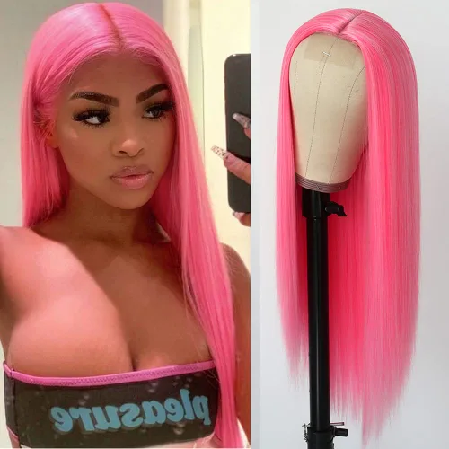 Miniatura 27 de QD-Tizer Pelucas sintéticas de color rubio ceniza con flequillo, pelucas de cabello largo y lacio, sin pegamento, pelucas sintéticas sin encaje
