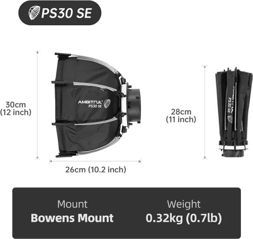 Miniatura 8 de AMBITFUL Mini Softbox de 11.8"/30cm de Liberación Rápida y Plegable con Montura Bowens y Soporte para Speedlight, Compatible con Luz de Video LED