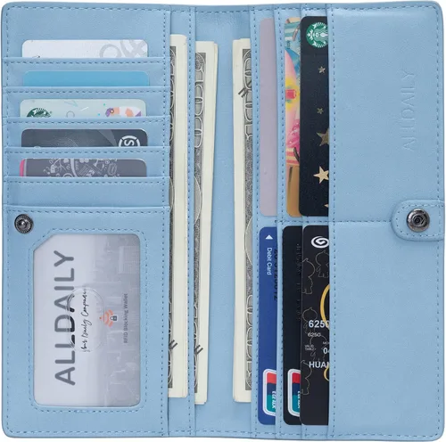 Miniatura 2 de Alldaily Billetera de cuero ultrafina para mujer, con bloqueo RFID, tarjetero de crédito, plegable, larga, Azul claro
